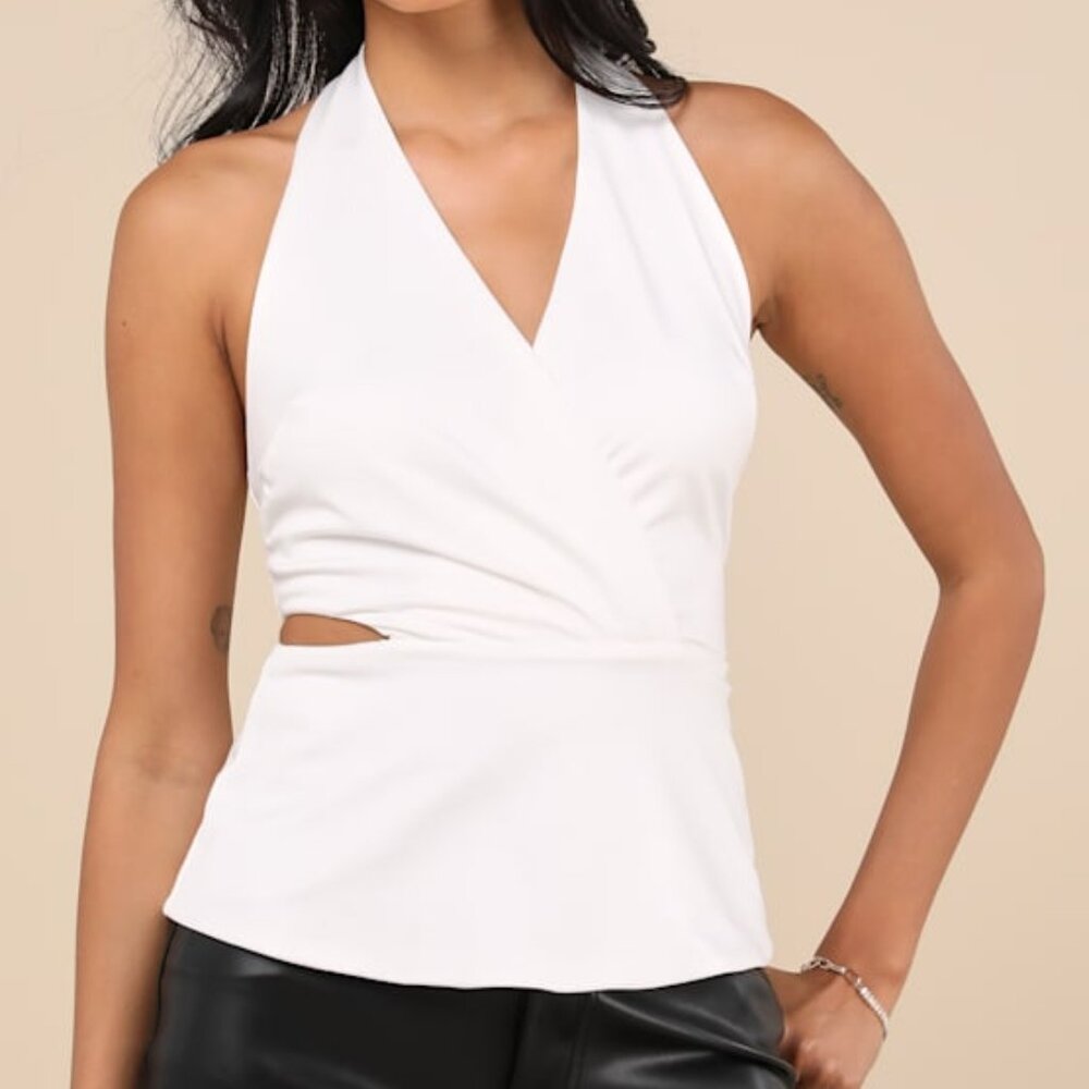 Lulus Poised Expert White Halter Cutout Peplum Top - Size M